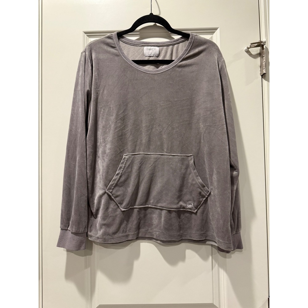 Born Women Velour Pullover Sweatshirt‎ Gray Long Sleeve Kangaroo Pocket Large